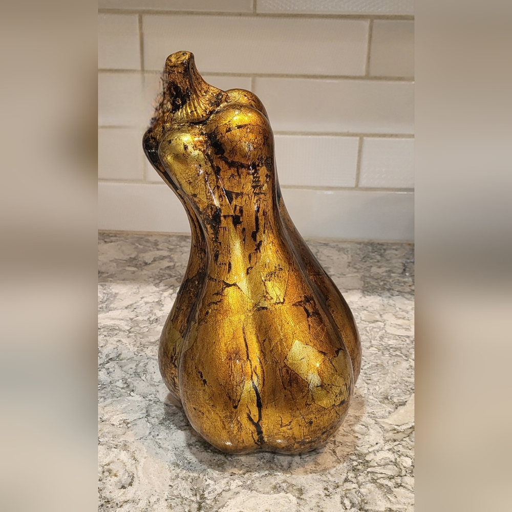 Large Ceramic Gourd Squash Pumpkin 12" Fall Decor Gold Copper Metallic Leaf